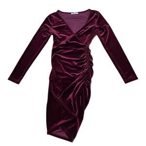 Guberry Velour Red Velvet Bodycon Dress Women XS Y2k Burgundy Jewel Fairy Ruched